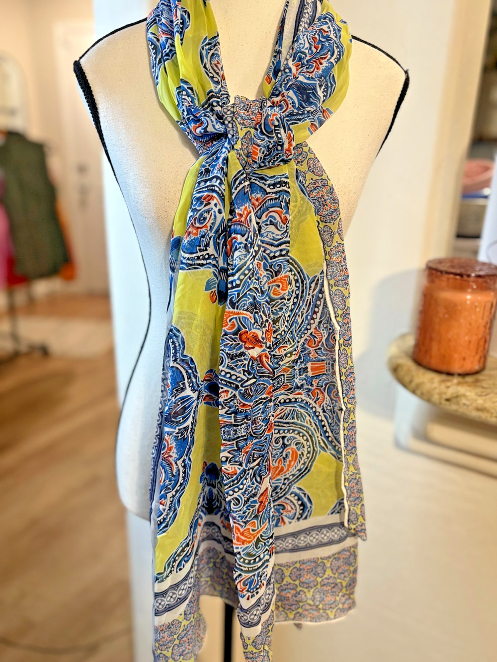 The Limited sheer silk scarf with a green, blue, and orange paisley print
